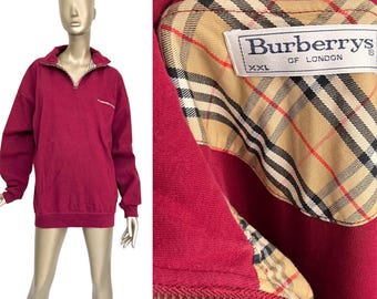 1980s Burberrys of London Sweater, Bordeaux Red, Unisex Pullover with Zip Collar, XXL
