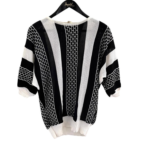 70er Pulli schwarz weiß weite Ärmel Vintage Pullover Fledermausärmel lässig L 40