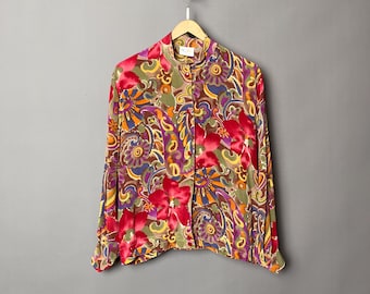 Blusa de seda con estampado hawaiano colorido, camisa de cuello alto, década de 1970, camisa de seda vintage para mujer, L
