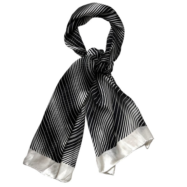 60er Schal schwarz weiß länglich Seide / Seidentuch / Halstuch dünn mit Muster / Vintage Seidenschal