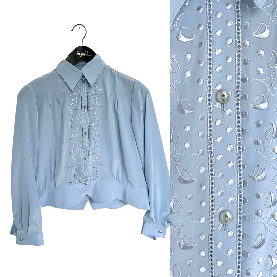 70s Blouse Light Blue Embroidered Vintage Women's Shirt L XL Embroidery