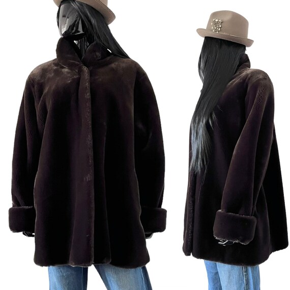 1980s coat brown / plush coat / faux fur coat / o… - image 1