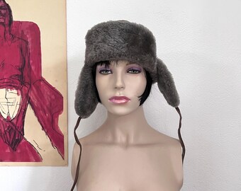 1970s fur hat leather brown / vintage hat unisex / winter hat / suede hat
