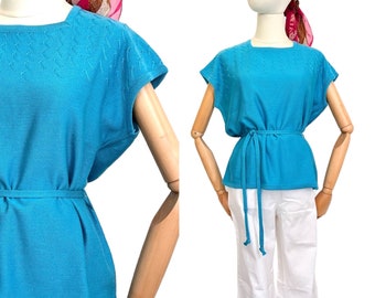 1960er Pullover Blau Karree Ausschnitt mit Taillenband NOS / Strickpullover / True Vintage / Kurzarm Pulli / Damen L
