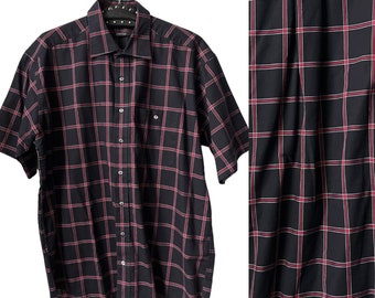 1980s men's shirt Eterna cotton / short sleeve checked shirt / vintage shirt black red / men's fashion 80s