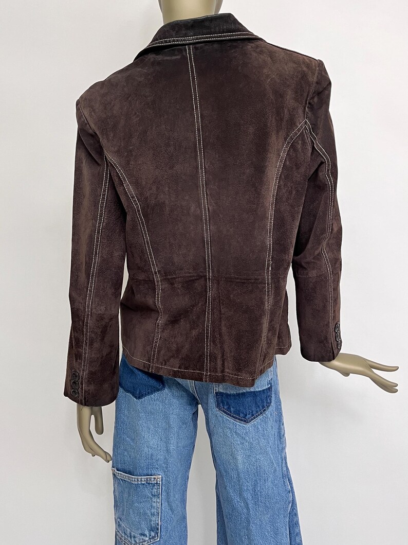 Chaqueta de cuero marrón estilo años 80, chaqueta vintage de ante para mujer, blazer de cuero de ante talla M imagen 4