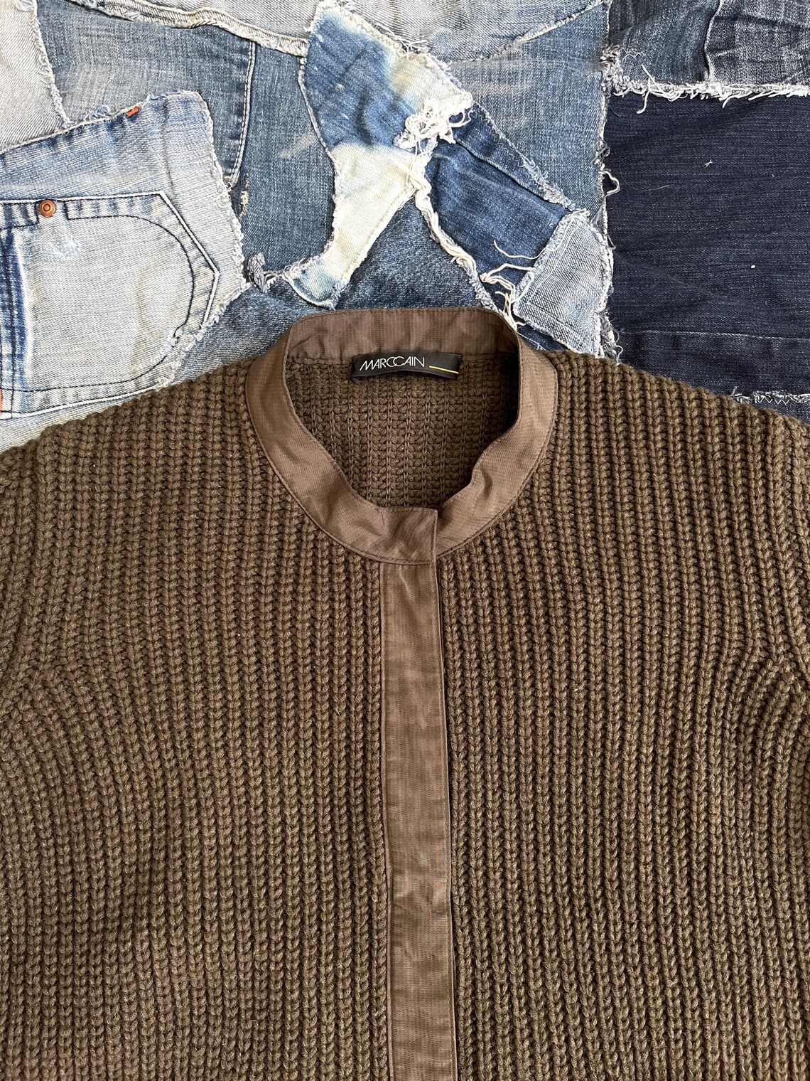 Strickjacke MARC CAIN Y2K Reißverschluss-Ärmel Cardigan Grün Braun Angora Viskose Wolle Damen Wolljacke Vintage, L, foto 2 di 5