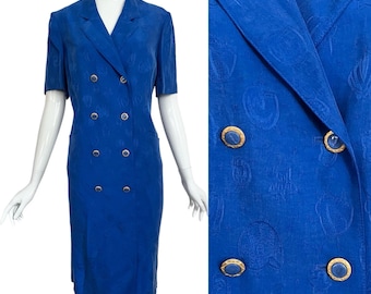 80s dress blue Delmod cupro jacquard silky wide True Vintage Dress L XL