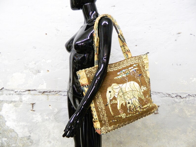 Boho bag beaded sequins vintage shopper Bohemian shopper brown colorful ethnic schuter bag large 1990s bag