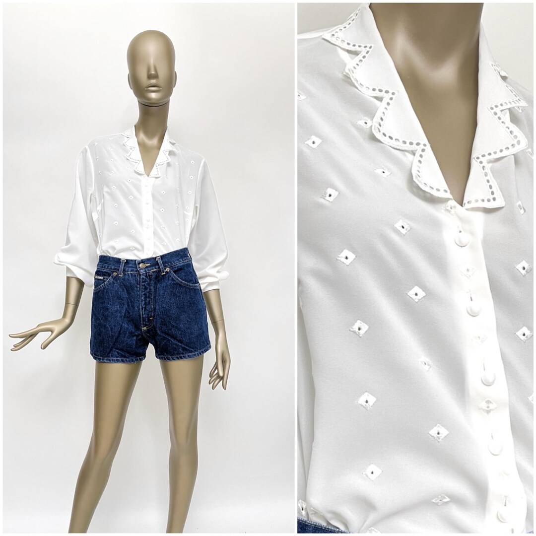 White Embroidered Blouse, 70s Style Shirt With Jagged Collar, Vintage Top, Lace Embroidery Pattern, Boho Style, L