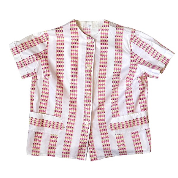 50er Jahre Bluse Rundhals Taschen Muster / vintage Shirt Damen / 50s Oberteil L XL