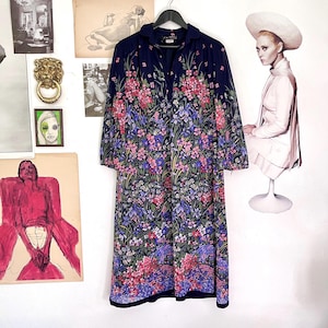 Tunic dress 1970s / Hippie dress wide sleeves / Floral dress long sleeves / 70s women L XL / Boot dress