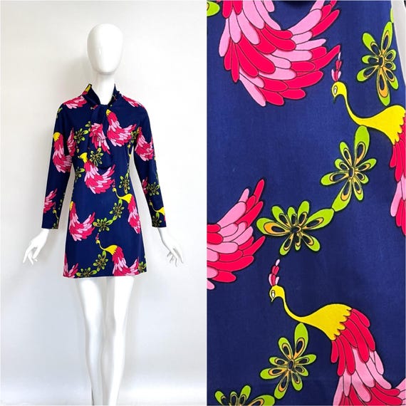 ヴィンテージドレス 70年代 ミニドレス ブルー ピンク 孔雀モチーフ