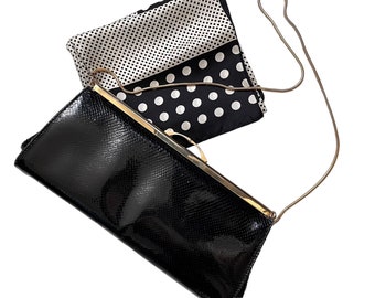 60-tals svart läderhandväska / aftonväska / avlång axelväska / festväska / äkta vintage