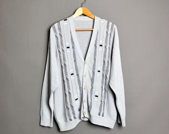 Vintage Strickjacke für Männer Grau, Rockabilly Herren, 80er Jahre Jacke Feinstrick