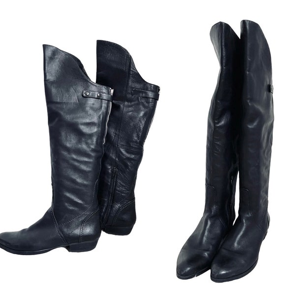 90s Stiefel Leder schwarz 42 Damen True Vintage Overknees Stiefel Lederstiefel