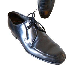 May include: A pair of black leather lace-up shoes with a pointed toe.