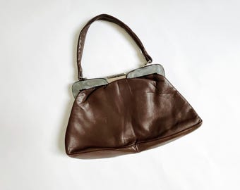 1940s brown leather vintage handbag, large leather bag