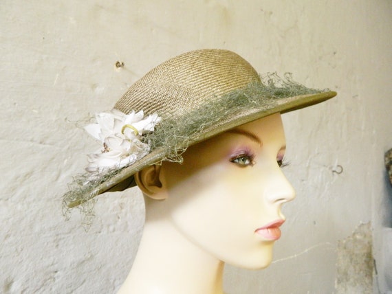 80s Hat Decorated With Flower Straw Hat Floral Hat Vintage Hat Etsy
