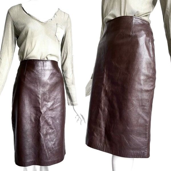 Jupe crayon marron en cuir des années 90 Véritable jupe en cuir vintage Italie S M