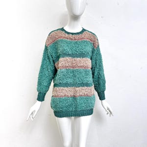 70er Pullover Handarbeit Grün Braun / Damen Pulli M L / gestreifter Rundhals-Pullover / Vintage Strickpullover / Wollpulli