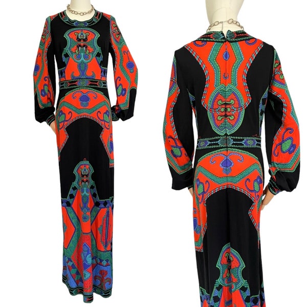 1970s dress Psychedelic France / Luxery Couture Dress / long sleeves / vintage maxi dress / long evening dress black colorful