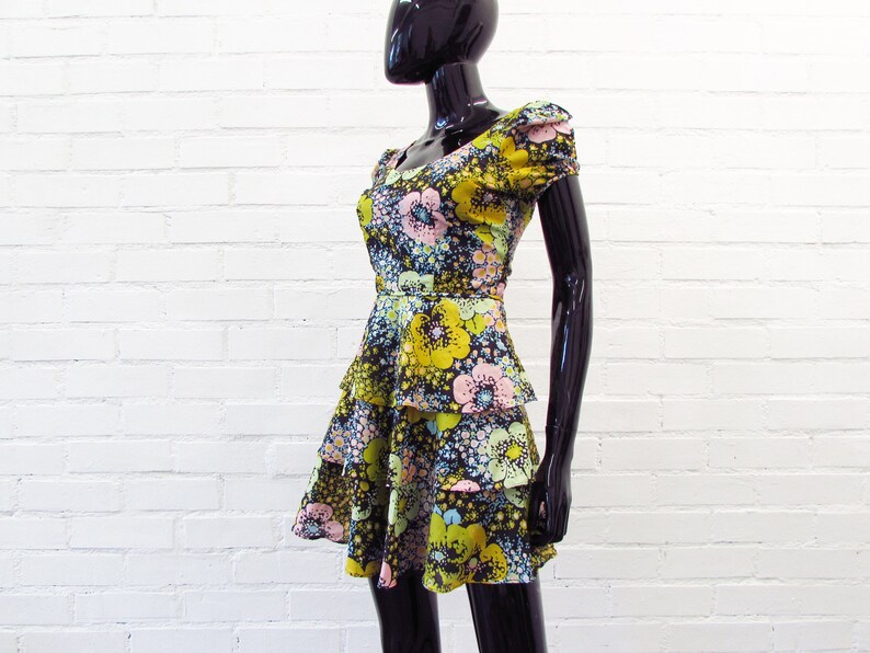 1970s dress xs vintage dress summer dress ruffles colorful floral dress mini dress