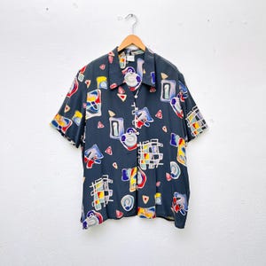 80s silk blouse colorful motif / vintage silk blouse / short sleeve blouse / 80s shirt crazy pattern