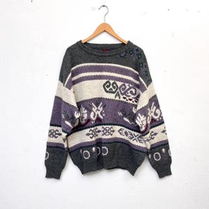 Vintage Pullover  / Strickpullover 80s / Pulli Herren mit Muster grau / Rundhals Pulli