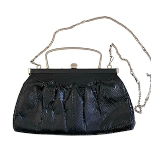 1970s bag black reptile with gold chain / leather bag / vintage shoulder bag