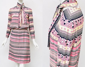 Vestido de seda de los años 70 NINA RICCI París estampado colorido pastel / Vestido de cuello chal / Vestido midi de seda / Vintage Mujer M L