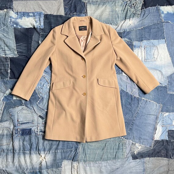 Wollmantel Damen Sand Kaschmir Schurwolle, 90er Jahre Damenmantel hellbraun, Midi-Mantel, Größe L, XL