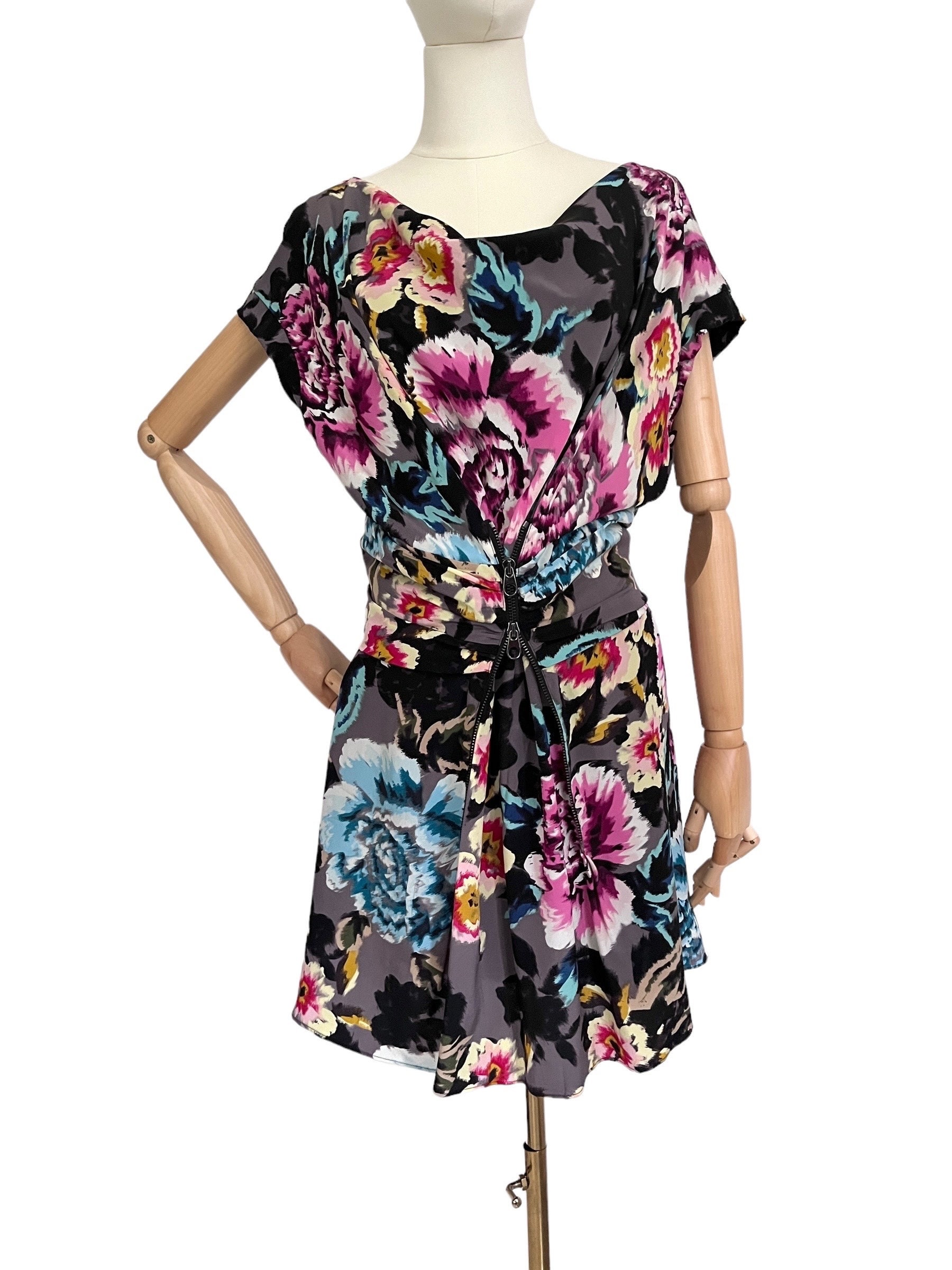 Mini Dress Silk TED BAKER London Floral Pattern Colorful Short Dress Floral Floral Dress Waterfall Neckline Silk Dress Etsy