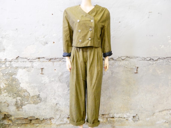 80s pants and jacket / pperbag pants / green trous