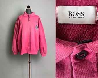 Men's Boss cotton sweater, XXL, red 80s style sweater with collar and crest appliqué