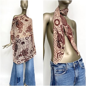 XL scarf silk brown cream vintage scarf 80s scarf large motif elephant silk scarf