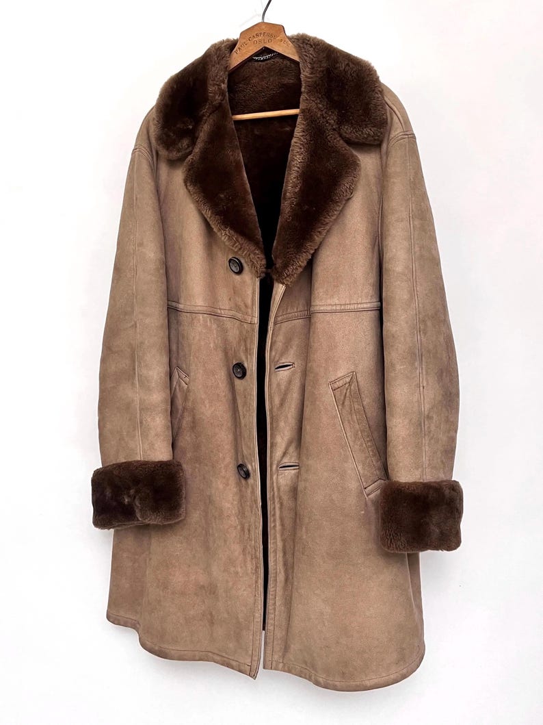 Cappotto in pelle marrone anni '70, cappotto in pelle scamosciata da uomo con pelliccia, cappotto in pelliccia marrone chiaro, cappotto invernale vintage, L, XL immagine 4
