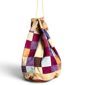 Large vintage patchwork leather bag, 1960s leather bag, colorful suede bag