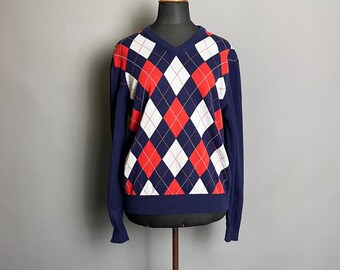 McNeal diamantmönstrad tröja, 90-tals vintage herrstickad tröja, bomull, blå, orange