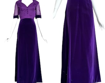1970s evening dress maxi purple velvet festive transparent sleeves True Vintage maxi dress velvet dress party XS