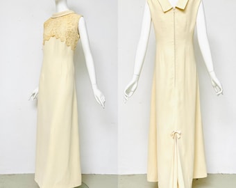 60s evening dress elegant cream with lace / lace dress / cocktail party dress / maxi dress festive