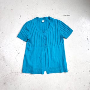 80s Cardigan Short Sleeve Petrol Ladies Cardigan Vintage Sweater Short Sleeve Jacket Fine Knit Cotton