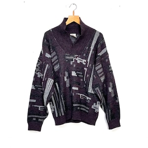 80s Pullover Bordeaux-Rot Grau mit Muster Angelo Litrico / Wollpulli Herren / Strickkragen Pullover / crazy pattern