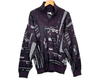 Suéter de los años 80, estampado burdeos y gris, Angelo Litrico / suéter de lana para hombre / suéter con cuello de punto / estampado extravagante