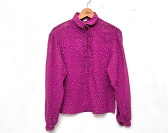 80s Blouse Peter Pan Collar Collar Tie Heart Pattern Pink Violet Red Vintage Shirt Women's Size 36 S