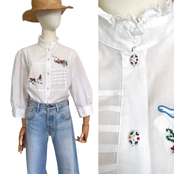 Vintage Bluse bestickt Rüschenkragen weiß 1970er / Hemd Damen Baumwolle / bestickte Bluse Gerücht / Boho