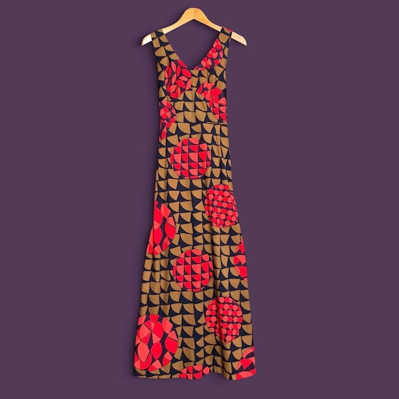 70er Kleid Maxi psychedelisches Muster überkreuzte Träger Vintage funky Dress S M