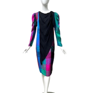 1980er Kleid Roots of London Vintage Kleid bunt Glanz Party Outfit Patchwork Midi M