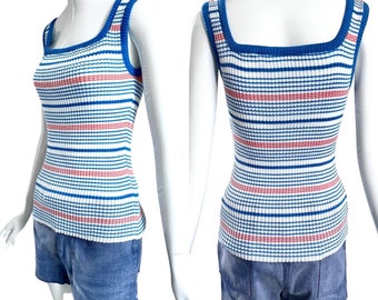 60s knitted top with stripes M L wide straps / shirt striped / true vintage top white blue orange / summer 60s
