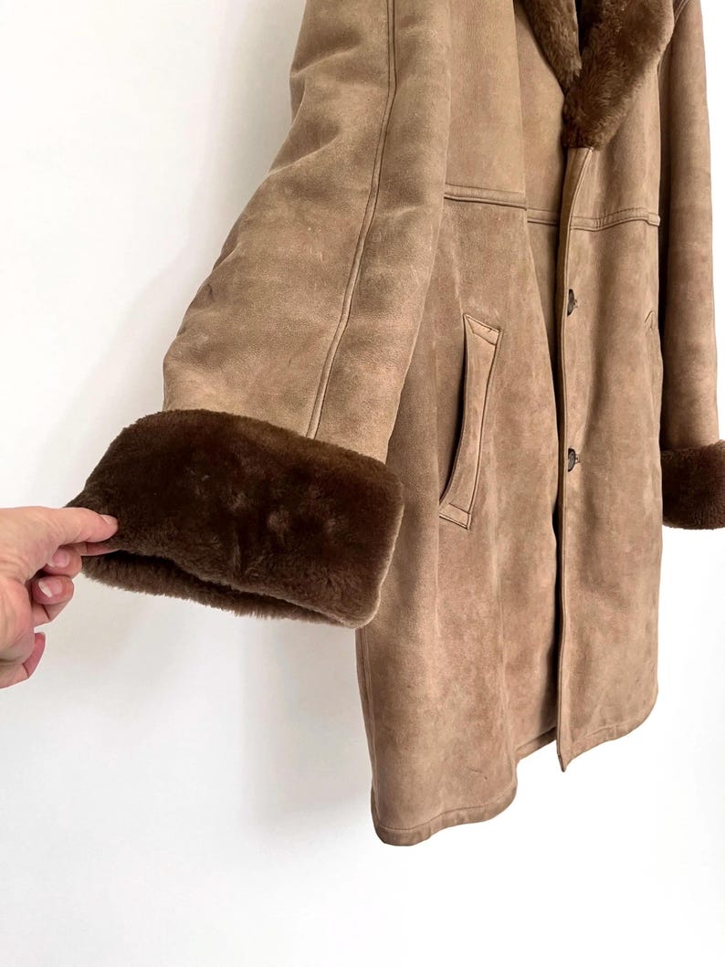 Cappotto in pelle marrone anni '70, cappotto in pelle scamosciata da uomo con pelliccia, cappotto in pelliccia marrone chiaro, cappotto invernale vintage, L, XL immagine 3